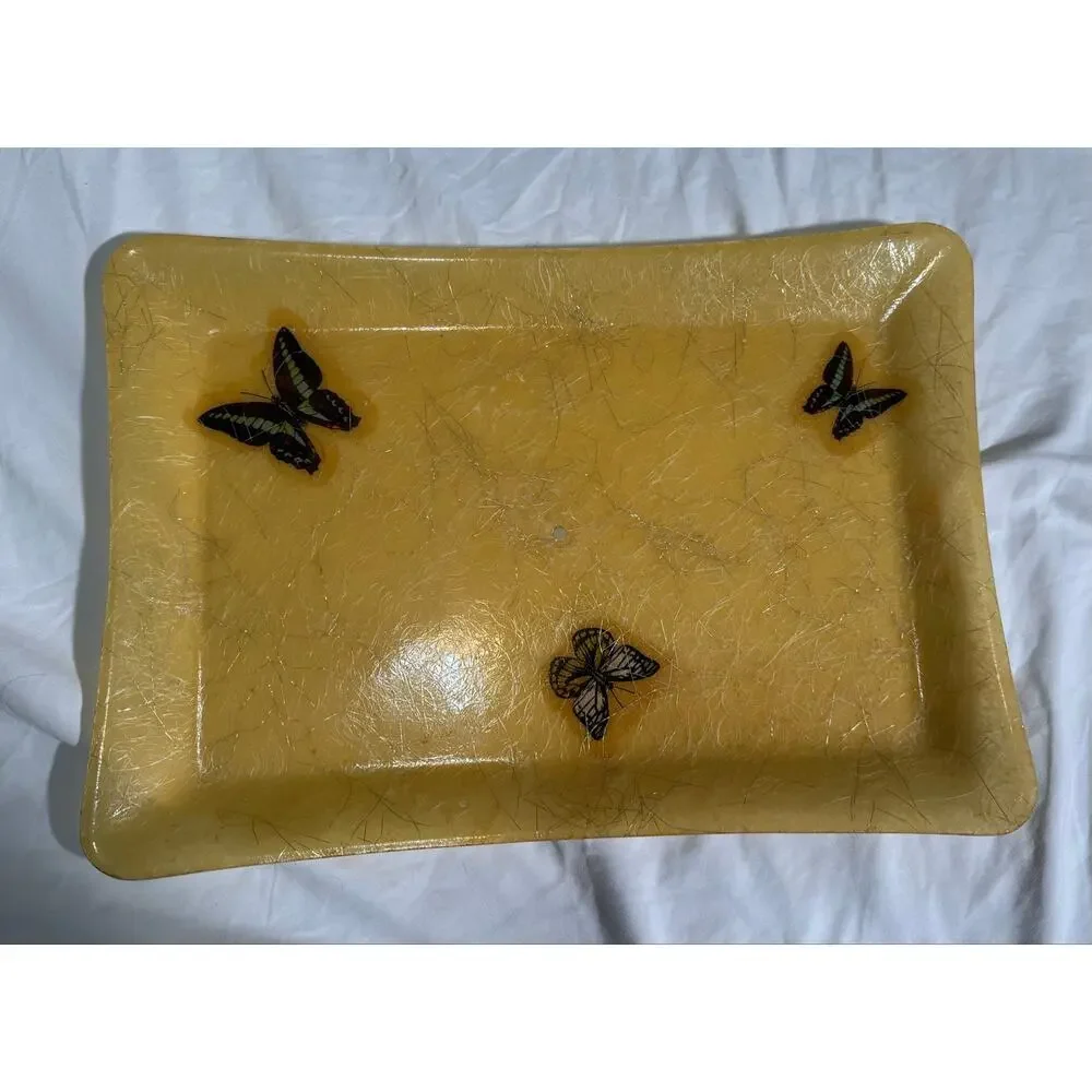 Vintage Fiberglass Resin Butterfly Tray Amber MCM Hollywood Regency